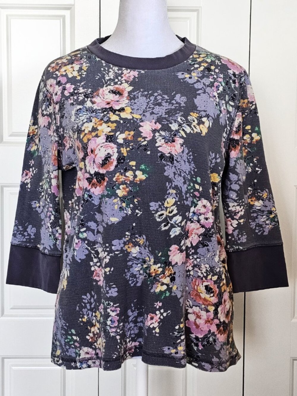 Sundance Floral Thermal Top Womens L Gray Waffle KnitBoho Cottagecore